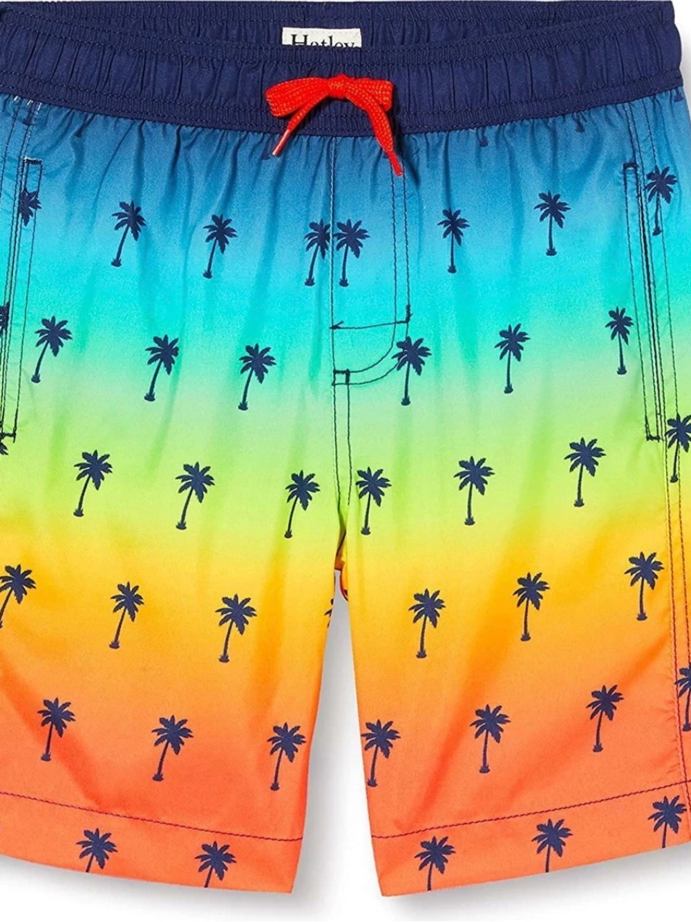 Hatley Blue to Orange Ombre Palm Swim Trunks with Red Drawstring